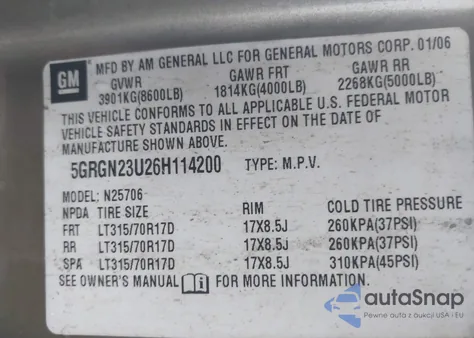 2006 Hummer H2 Suv from USA, damaged, VIN 5GRGN23U26H114200